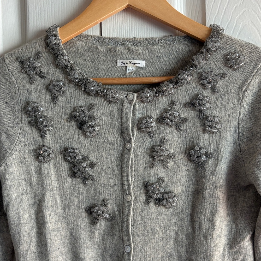 Anthropologie Cashmere Gray Floral Embellished Cardigan